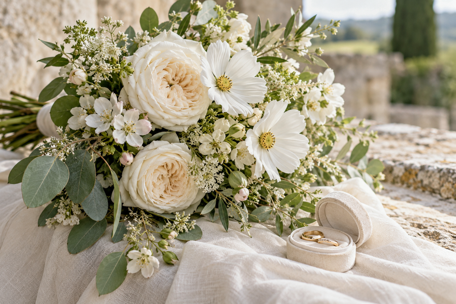 Fleurs blanches, feuillage et alliances dans une ambiance ivoire et sauge