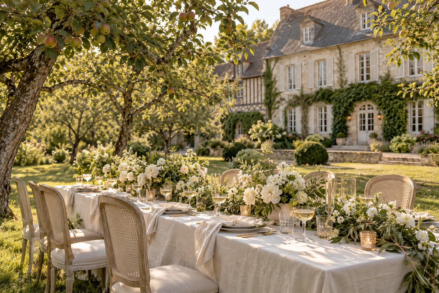 Réception dans un verger devant un manoir d’inspiration normande